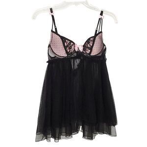 Victoria's Secret Teddy Babydoll 34B Black Pink Floral Lace Mesh Bra Lingerie